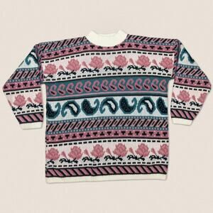 Vintage grandma Sweater roses floral fair isle ski jumper mock neck private eyes